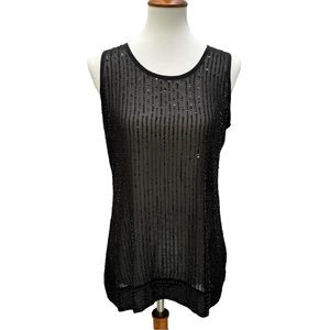 Eileen Fisher Sequin Raindrop Silk Black U-Neck Shell Extra Small